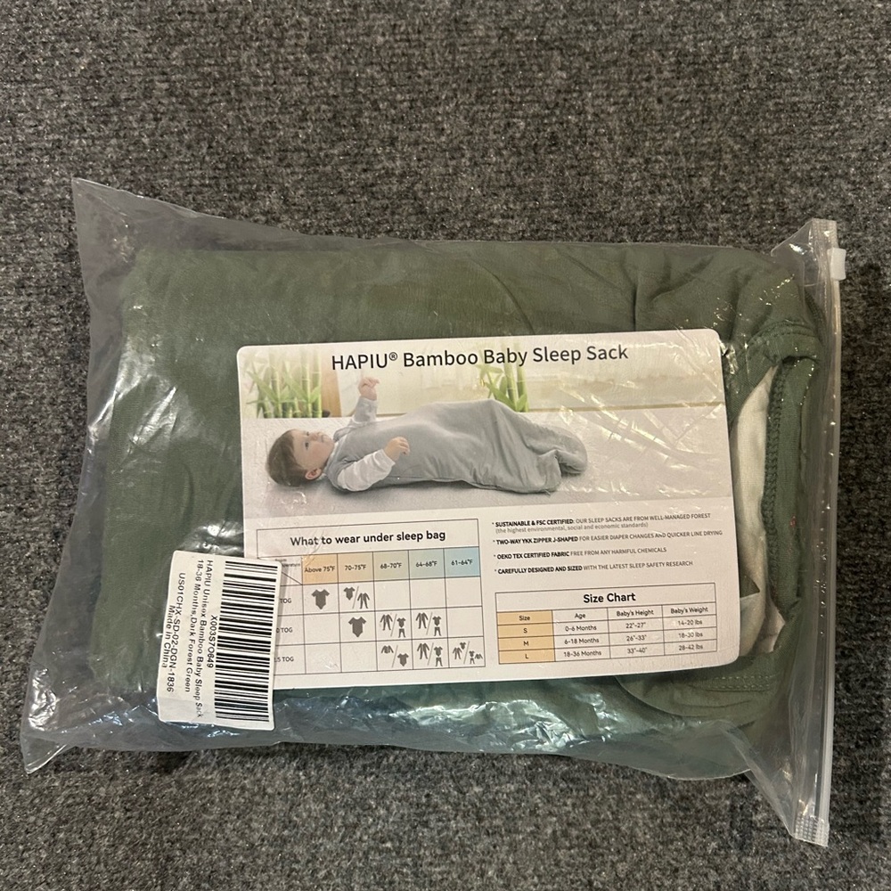 Hapiu Bamboo Baby Sleep Sack - Green Large 18-3mo NWT!
